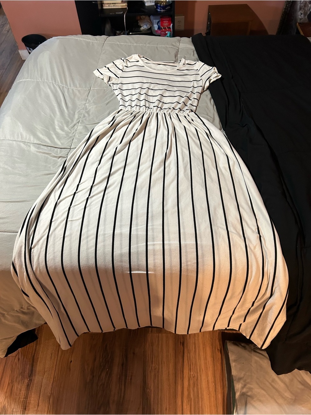 Striped Black & White Short-Sleeve Midi Dress